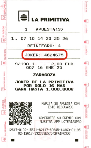 Resguardo de La Primitiva con el código del Joker impreso